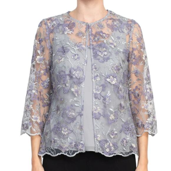 Alex Evenings Floral Metallic Mesh Twinset Jacket Shell Size Small Gray Purple - Picture 1 of 10